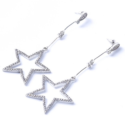 Star Stud Silver Rose Gold Plated Long Dangle Tassel Drop Crystal Earrings DP