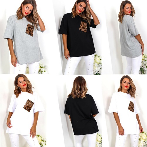 WOMEN/'S LADIES LEOPARD POCKET OVERSIZE BAGGY SHORT SLEEVE COTTON SUMMER TOP NEW