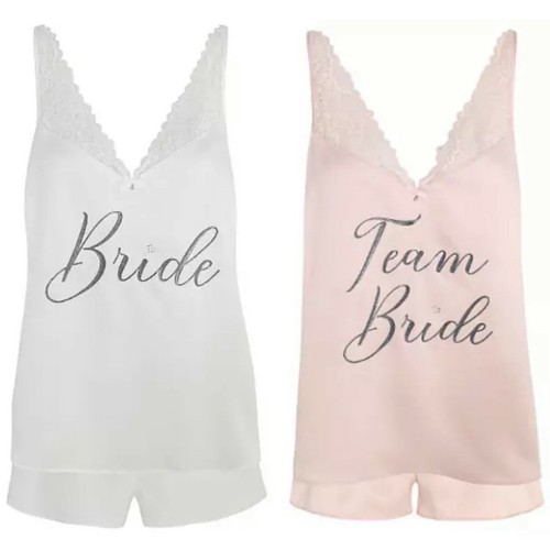 WEDDING PYJAMA SET Bride Team Bride Hen Party George Shorts Top Lace Glitter