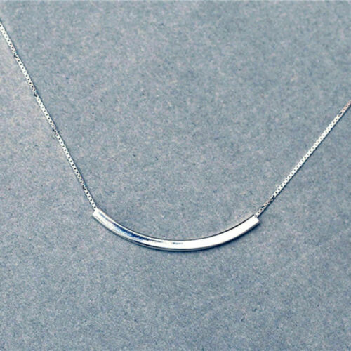 925 Silver Simple Curved Tube Bar Pendant Chain Necklace Women Jewelry 
