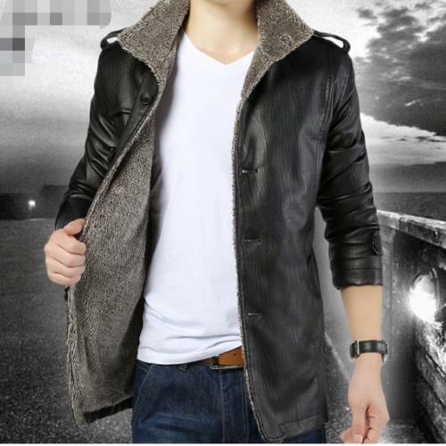 Mens Fleece Lined Faux Leather Jacket Thick Trench Coat Single Breasted Warm D