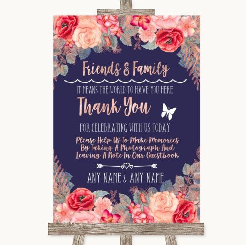 Navy Blue Blush Rose Gold Photo Guestbook Friends & Family Wedding Sign 