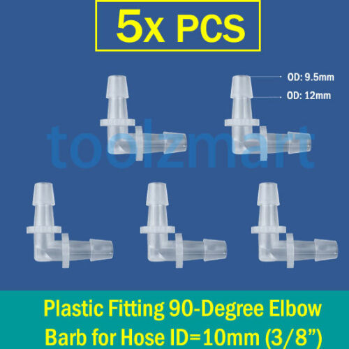 5x Plastic 90-Deg Elbow 1//2//4//6//8//10//12//16mm Hose Barb Fitting Connector Adapter
