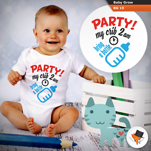 PARTY AT MY CRIB 2AM BRING A BOTTLE FUNNY BABY GROWS BODY SUIT VEST DESIGN NEW
