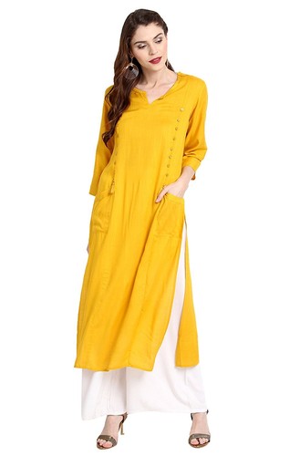 Women/'s Dress Yellow Cotton Kurta Straight Plain With Pocket Casual Wear Ladies
