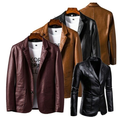 Mens Faux Leather Blazer Jacket Casual PU Suit Coat Soft Leather Coat Outwear