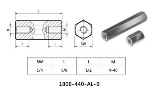 Hex 1//4/" L=5//8/" 4-40 Aluminum standoff spacer 1808-440-AL qty 100