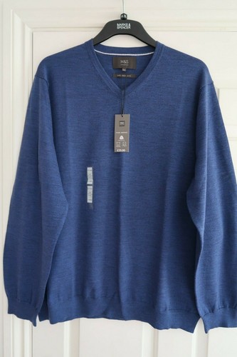 MENS BNWT M/&S JUMPER SIZE XXXL 50-52 RRP £35 PURE MERINO WOOL DENIM BLUE V NECK