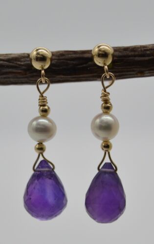 #BE-118 New 14K Solid Gold Natural Briolette Amethyst Cultured Pearl Earrings
