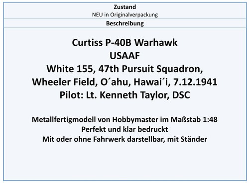 HA9202 P-40B Warhawk USAAF 47th PS Hawai´i 7.12.41,Hobbymaster 1:48,NEU 4//20/&