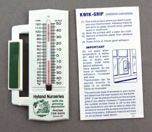Vintage 1981 Hyland Nurseries KWIK GRIP Tin Window Thermometer 