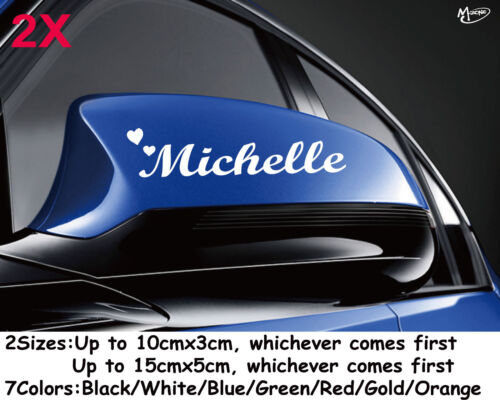 2x Custom Car Mirror Stickers Reflective Personalized Name+2hearts Stickers Gift