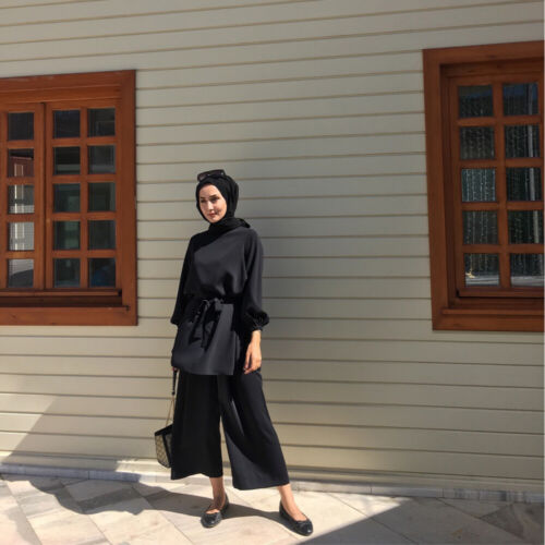 Details about  / Dubai Muslim Women Clothes Sets Long Sleeve Tops Blouse Pants Arab Solor Color