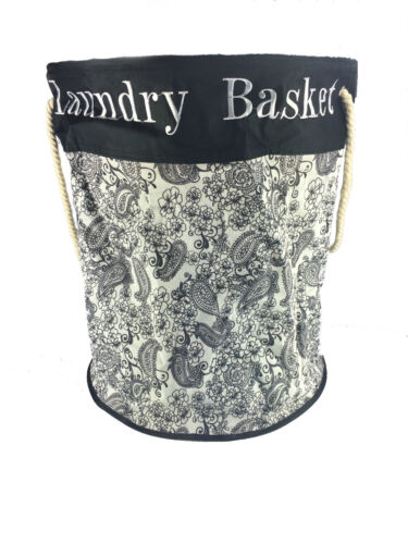 White Round Floral Printed Collapsible Round Fabric Laundry Bag Stylish Black 