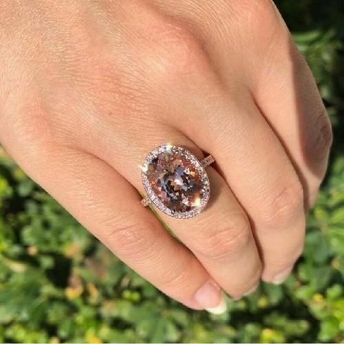 6Ct Oval Cut Peach Morganite Diamond Halo Anniversary Ring 14K White Gold Finish
