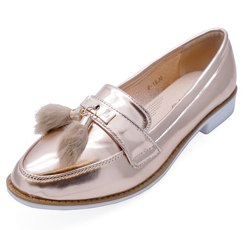 LADIES ROSE GOLD SLIP-ON TASSLE LOAFERS SMART CASUAL WORK PATENT COMFY SHOES 3-8