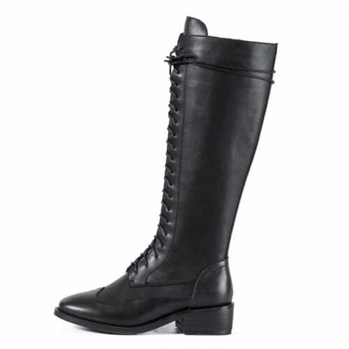 Details about  / Ladies Wing Tip Leather Lace Up Block Heel High Top Knee High Riding Boots 34-43