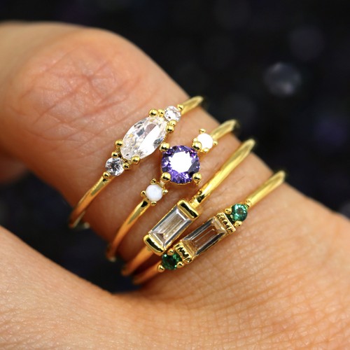 9K YELLOW GOLD GP Emerald Barguette Ice Crystal Ladies Stack Finger Knuckle Ring