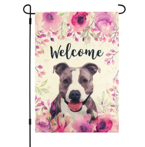 Garden Flag with Dog Pitbull, 12 x 18 Inch, Spring Summer Flowers Pink Purple