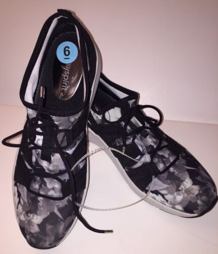 Easy Spirit Sneaker Walking Shoe Athleisure Casual Black Gray Floral Illuma NWOB