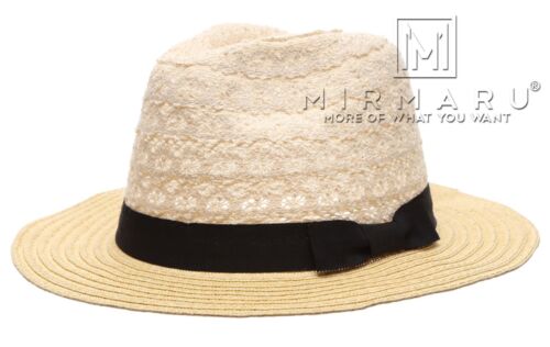 MIRMARU Women's Summer Lace Floppy Mid Brim Panama Style Sun Beach Hat with Band 