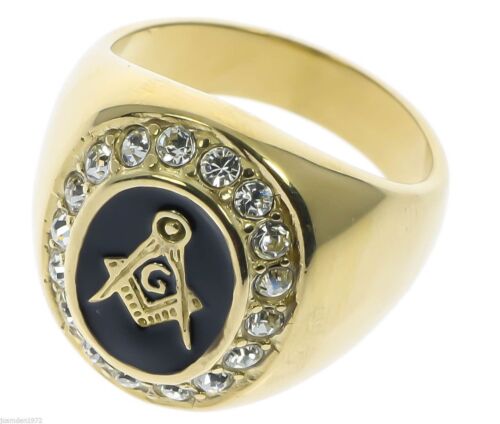 Masonic Mason Oval Black Enamel men/'s 17 cz Ring 18K yellow gold overlay size 13