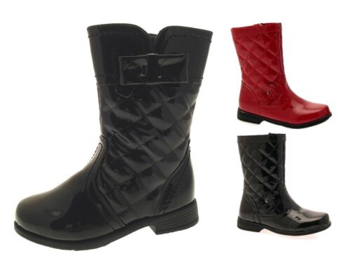 Girls Quilted Biker Boots Faux Leather Mid Calf Kids Riding Patent Winter School