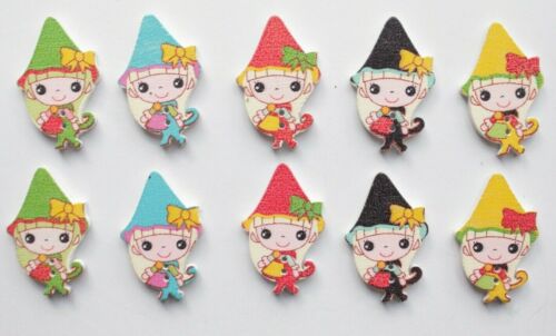 10 Wooden Buttons Pixie Elf Fairy Charm Sewing Kids Girl Bead Craft Scrapbooking 