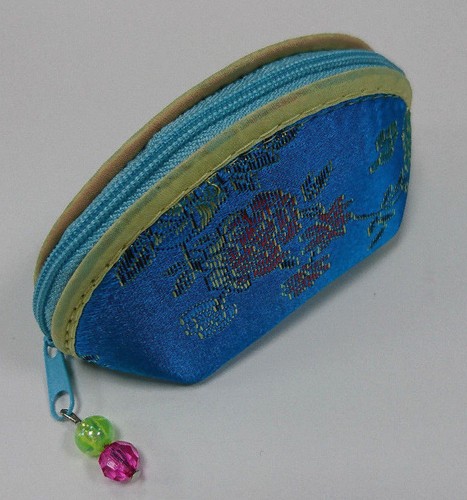 Chinese Floral Silk Satin Embroidery Coin Purse w Gem Zipper Wallet Hand Size