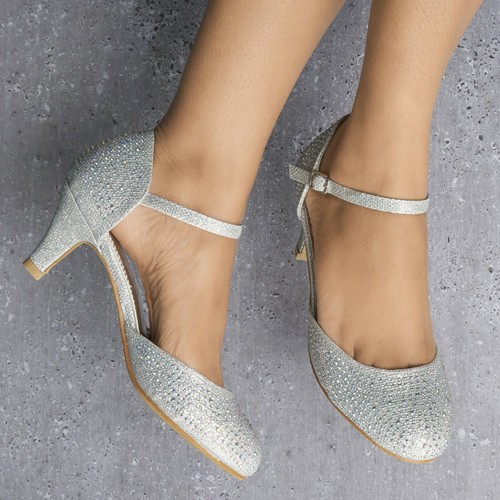 LADIES SPARKLY GLITTER DIAMANTE DETAIL LOW HEEL ANKLE STRAP EVENING SHOES 3-8