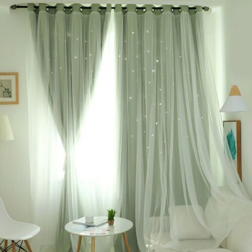 Double-Layer Yarn Tulle Window Curtain Blackout Floor-standing Star Hollow Drape 