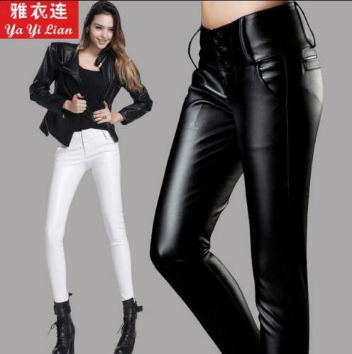 Womens White PU Leather Slim Fit Pencil Pants Casual Trousers Velvet Lined Plus 