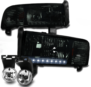 94-01 DODGE RAM 1500 2500 3500 LED CRYSTAL SMOKE HEAD LIGHTS W//CHROME BUMPER FOG