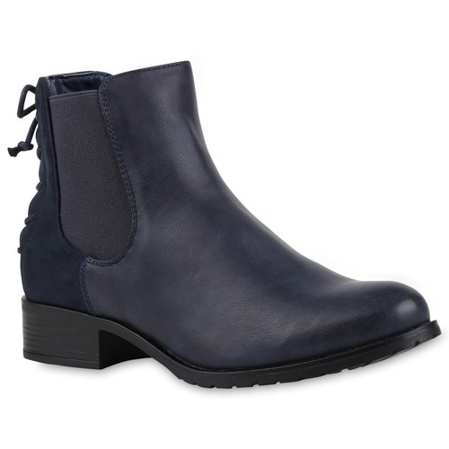 Damen Chelsea Boots Schleifen Stiefeletten Bequem Leder-Optik 811921 Trendy