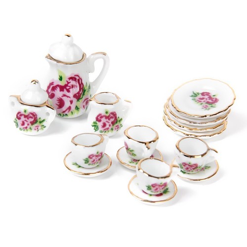 15pcs Porcelain tea set Dollhouse miniature foods Chinese rose dishes cup M6Y7