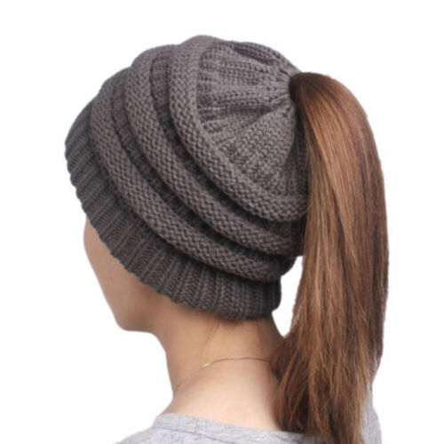 HOT Winter Women Soft Messy High Bun Cap Ponytail Stretchy Knit Beanie Skull Hat
