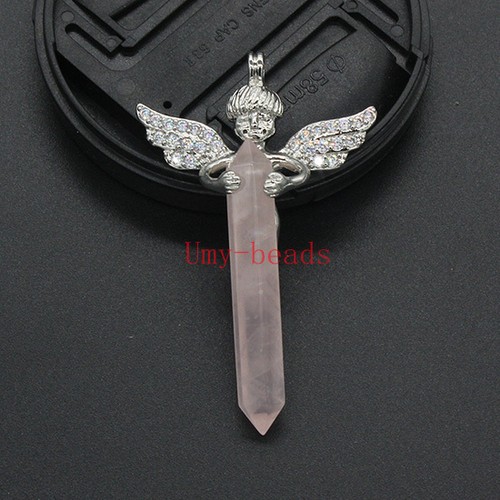 Natural Crystal Quartz Gem Beads Hexagon Prism Wrapped Angel Wings Stone Pendant