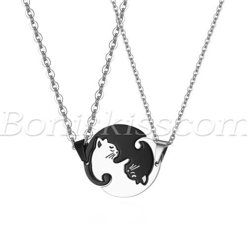 2pcs Mens Womens Couples Stainless Steel Matching Cute Cat Pendant Necklace Gift 