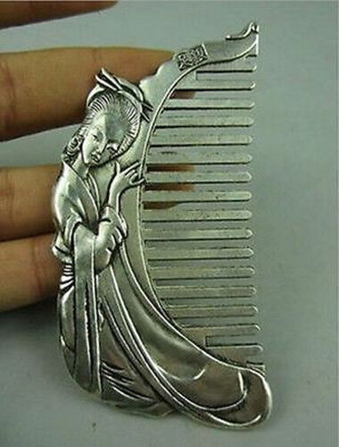 China Collectible Old Miao Silver Hand-carved beauty Belle Usable Comb