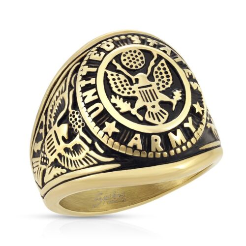 US Army Seal with Eagle and US Army Flag Sides Gold IP Stainless Steel Ring 13 