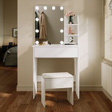 LED Dressing Table White Mirror Vanity Makeup Desk with Stool Drawer & Shelves