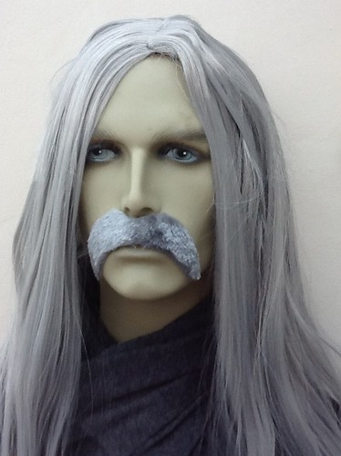 LONG MEN/'S GREY FANCY DRESS WIG /& THICK DROOP MOUSTACHE UK DIP SELF ADHESIVE