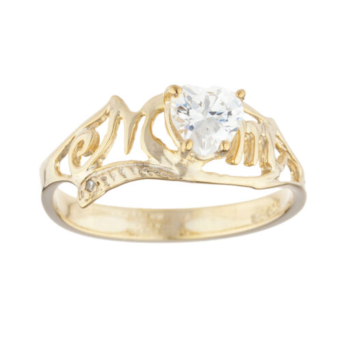 14Kt Yellow Gold Plated White Sapphire & Diamond Heart Mom Ring 