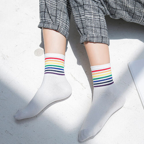 Fashion Funny Cotton Socks Unisex Rainbow Stripes Socks Sport Skateboard Socks 