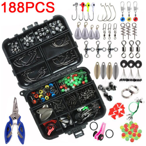 Fishing Accessories 188PCS//SET Kits w// Tackle Box Pliers Jig-Hooks Swivels clamp