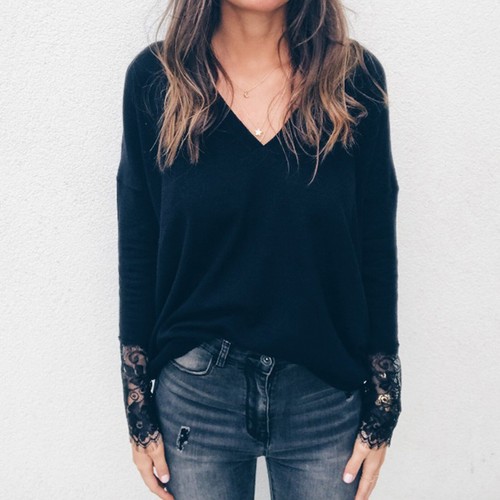 Womens Lace V Neck Long Sleeve Casual Loose T Shirt Ladies Pullover Jumper Tops