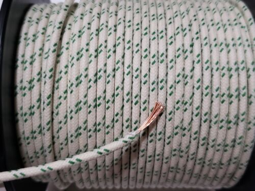 10 feet Vintage Braided Cloth Covered Primary Wire 16 ga gauge White  w// Green