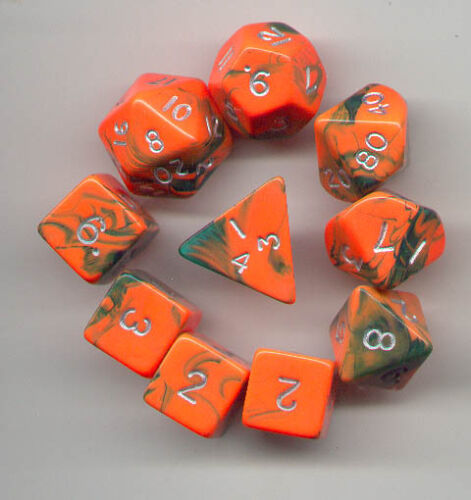 Toxic Orange-Green 1 @ D4 D8 D10 D12 D20 D00-10 /& 4 D6 NEW RPG Dice 10pc