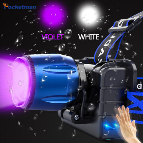 395nm UV Headlamp Zoom 80000LM T6 LED Induction Headlight UV Lightt//White Light