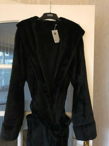 BNWT M/&S Mens Gents black premium fleece hooded dressing gown robe M /& XL